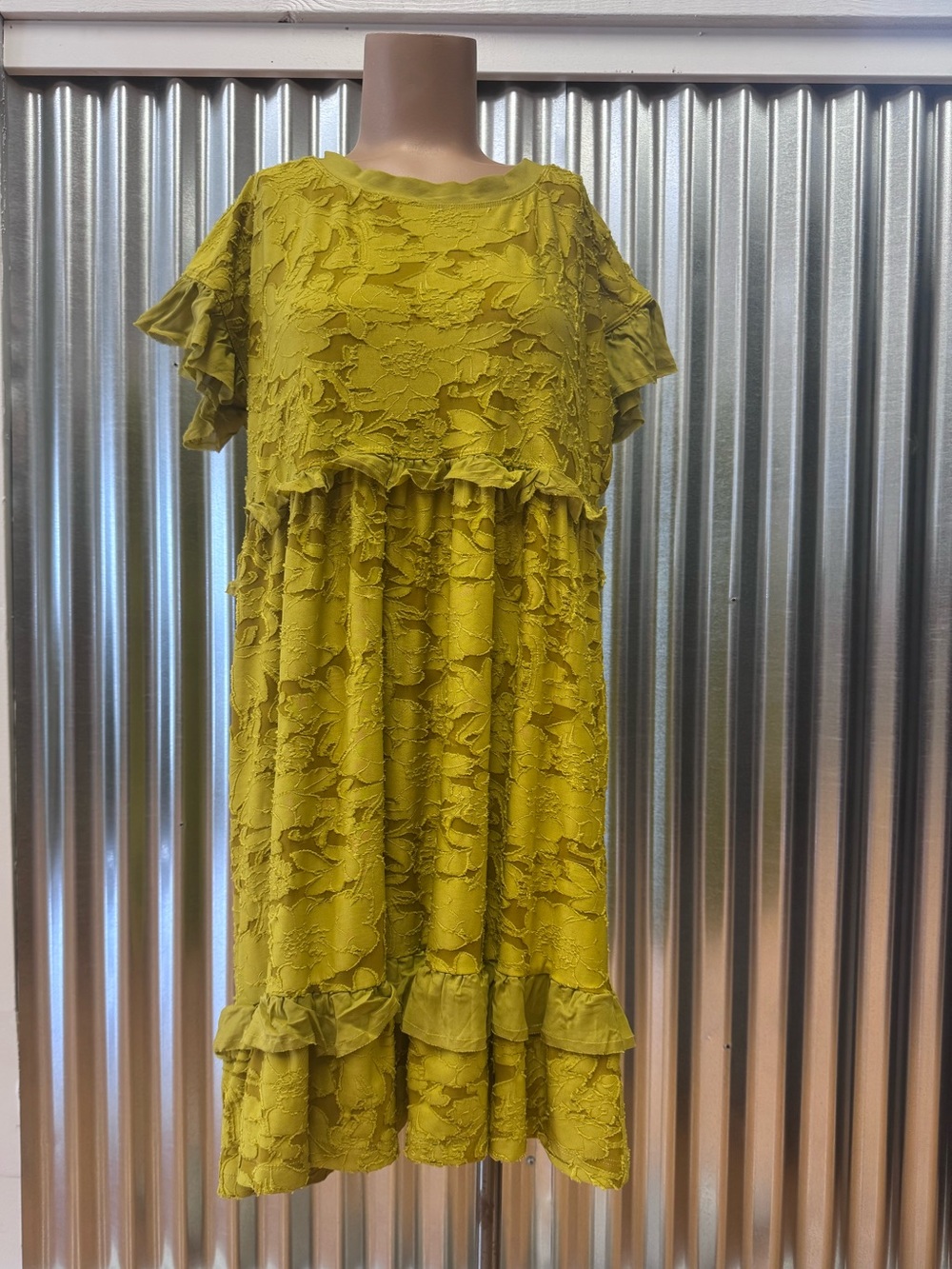 Anthropologie Chartreuse Ruffle Knit Mini Boho Dress